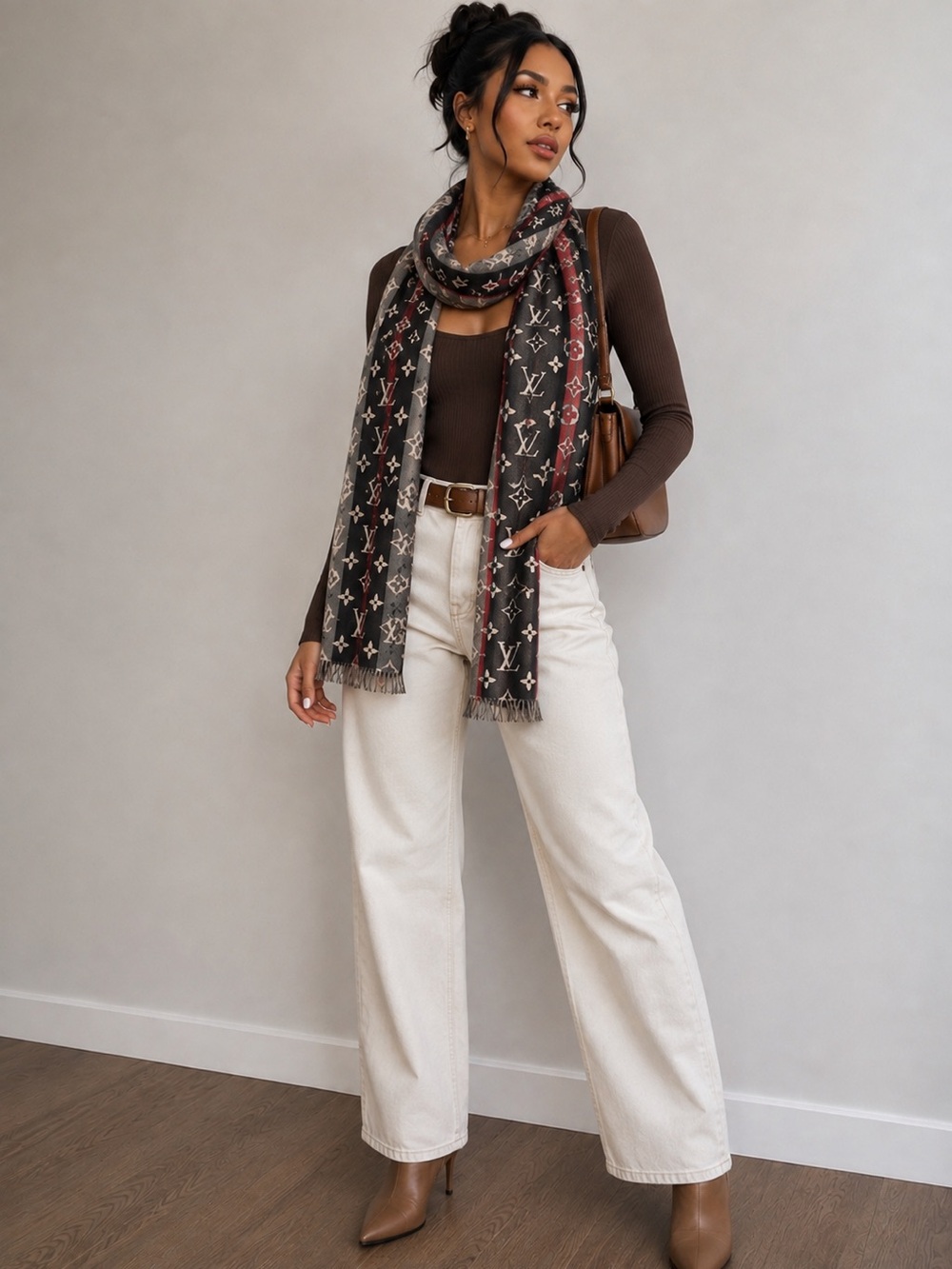 Louis Vuitton Gray and Red Monogram Scarf
